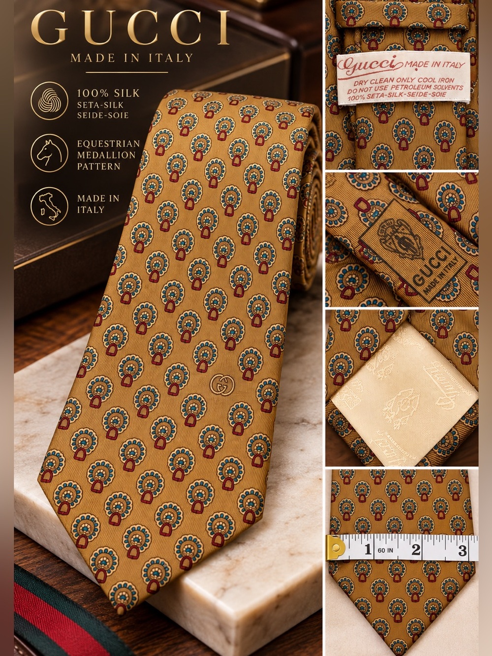 Gucci Gold Silk Tie with Blue and Red Equestrian Medallions